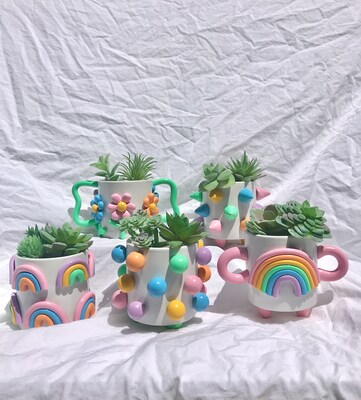 Retro Eclectic Colorful Planters, Cute Ceramic Planter, Rainbow Pot Planter, Modern ceramic planter, Boho home decor, plant lover gifts - image5